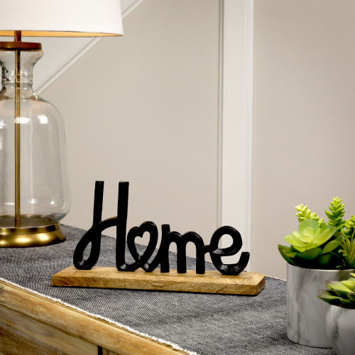 Metal Home with Heart Sign with Wooden Base - 12"