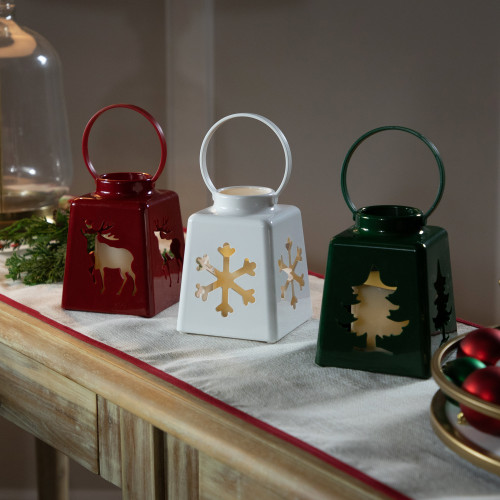 Set of 3 8-in LED Lighted Tree Snowflake and Reindeer Christmas Candle Lanterns