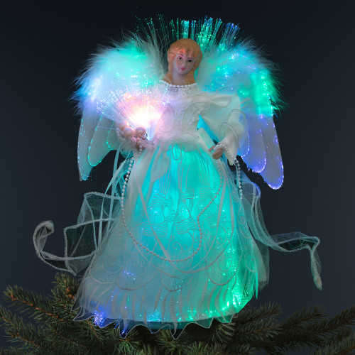 Fiber Optic Color-Changing Angel with Flower Christmas Tree Topper - 13" - White