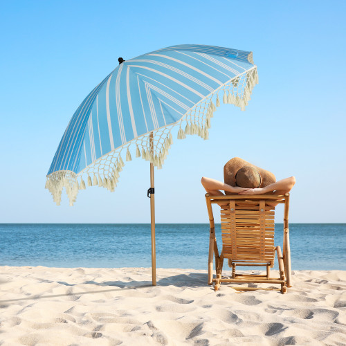 Striped Outdoor Macrame Boho Beach Market Umbrella with Tilt - 6.5' - Sky Blue and White