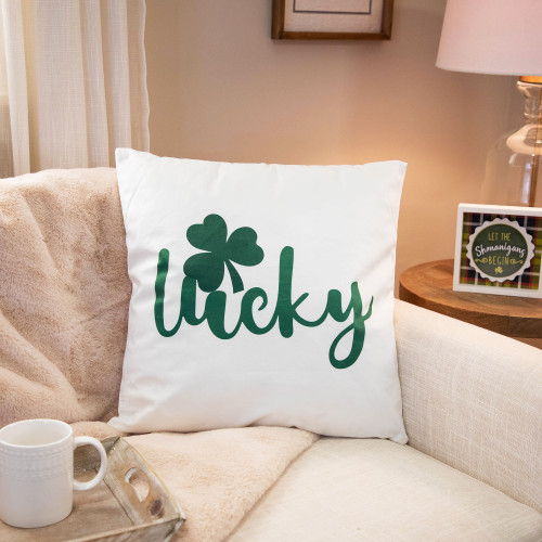 Lucky Shamrock St. Patrick's Day Square Throw Pillow - 17" x 17" - White and Green
