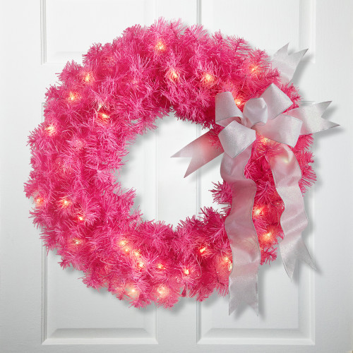 Pre-Lit Tinsel Artificial Christmas Wreath - 24" - Pink - Clear Lights