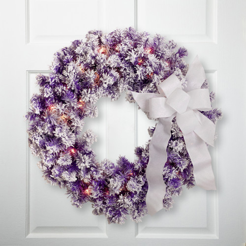 Pre-Lit Flocked Pine Artificial  Christmas Wreath - 24" - Purple - Clear Lights