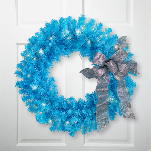 Pre-Lit Artificial Pine Christmas Wreath - 24" - Sky Blue  - Clear Lights