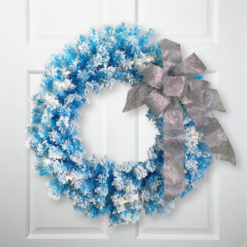 Pre-Lit Flocked Pine Artificial  Christmas Wreath - 24" - Sky Blue - Clear Lights
