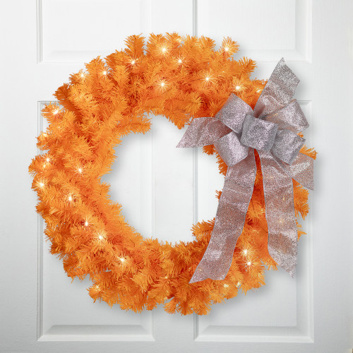 Pre-Lit Artificial Pine Christmas Wreath - 24" - Orange  - Clear Lights