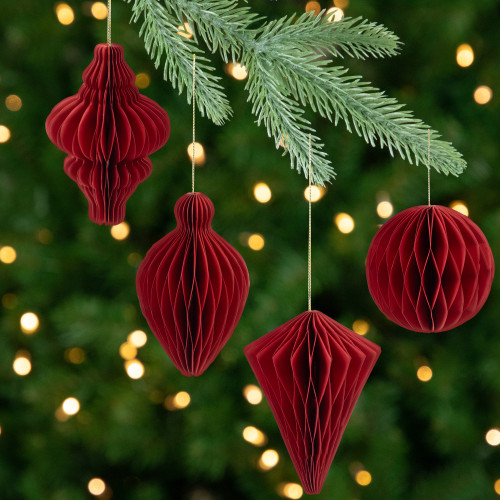 Foldable Honeycomb Paper Christmas Finial Ornaments - 4" - Red - Set of 4