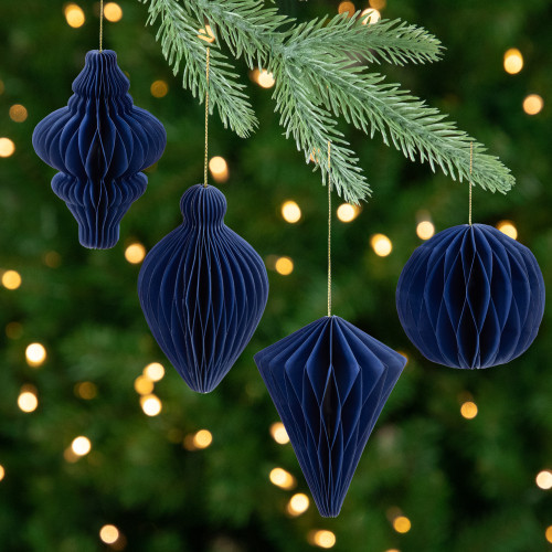 Accordion Honeycomb Foldable Paper Christmas Ornaments - 4" - Navy Blue - Set of 4