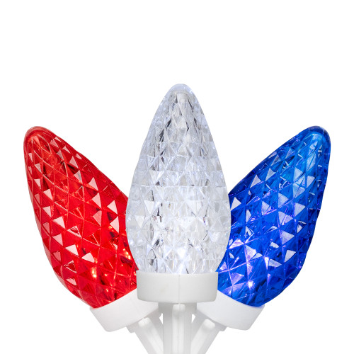 Patriotic LED C9 Faceted Christmas Lights - Red, White and Blue - 66' White Wire - 100ct