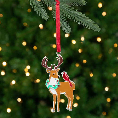 Reindeer with Cardinal and Wreath Christmas Ornament - 4"