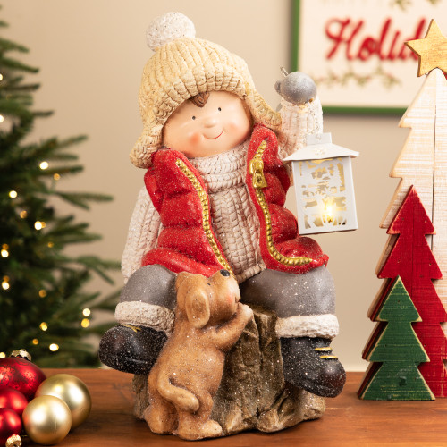 Boy with Puppy and Lighted Lantern Christmas Decoration - 16" - Clear LED light