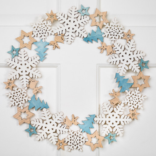 Snowflakes and Reindeer Small Wooden Christmas Wreath - 15.75" - Unlit