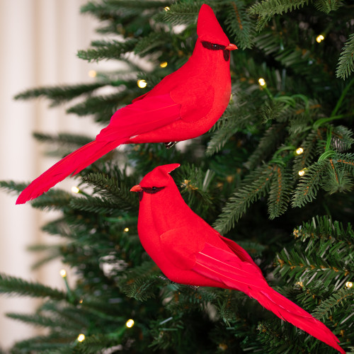 Cardinal Clip-on Christmas Ornaments - 8" - Red and Black - Set of 2