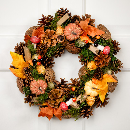 Pumpkins and Mushrooms Small Artificial Fall Harvest Wreath - 13" - Unlit
