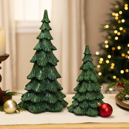 Carved Glittery Trees Christmas Decorations - Set of 2 - Green