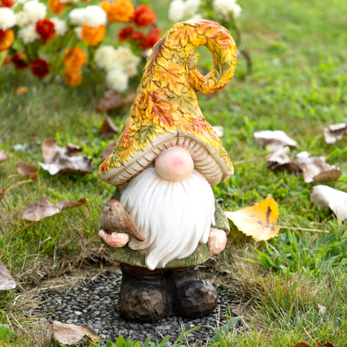Fall Harvest Gnome in Maple Leaf Mushroom Hat Outdoor Garden Statue  - 16.5"
