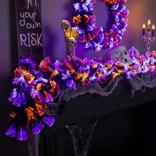Multi Function Fiber Optic Artificial Halloween Garland -  6' x 6" - Black - Purple and Orange LED