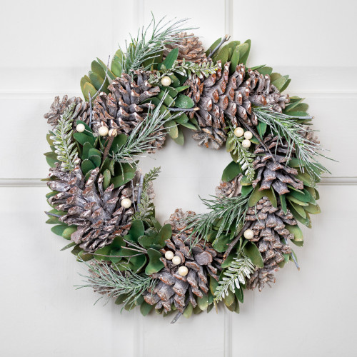 Frosted Pinecone and Wood Petals Small Artificial Christmas Wreath -14" - Unlit