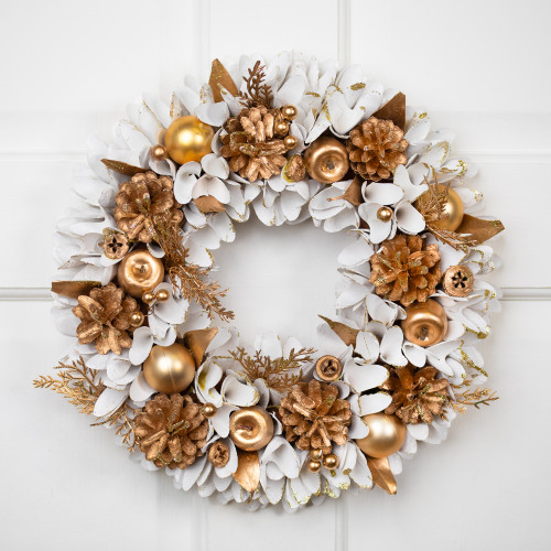 Glittered Wood Petals and Apples Small Artificial Christmas Wreath - 13.5" - Unlit