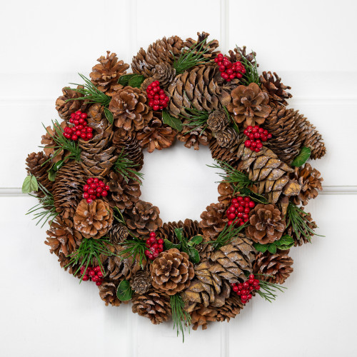 Frosted Pinecone and Red Berry Small Artificial Christmas Wreath - 13" - Unlit