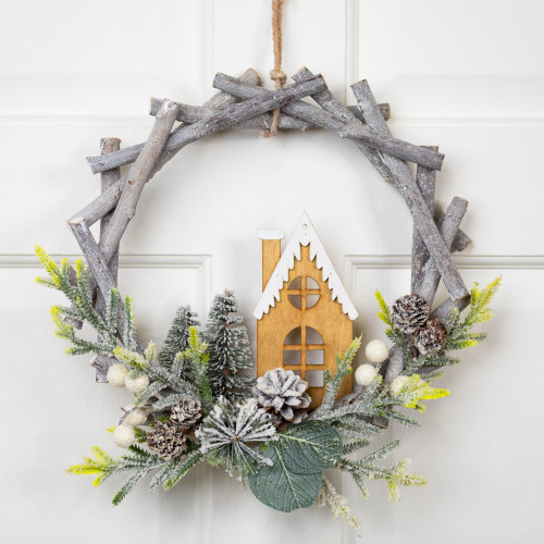 Driftwood and Flocked Pine Small Artificial Christmas Home Wreath - 12" - Unlit