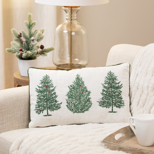 Trees with Berries Christmas Throw Pillow - 18.5" x 11.25" - White and Green