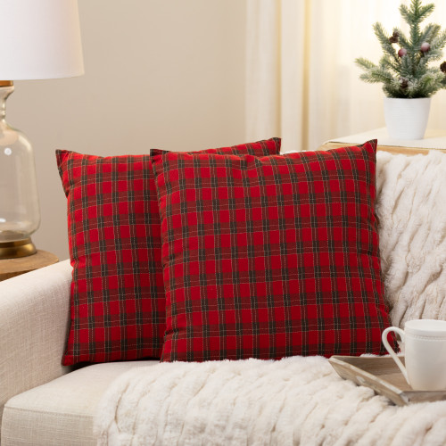 Square Plaid Christmas Throw Pillows - 18" x 18" - Red and Green - Set of 2