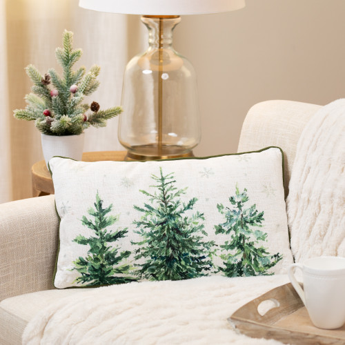 Evergreen Trees and Snowflakes Christmas Throw Pillow - 19" x 11" - White and Green