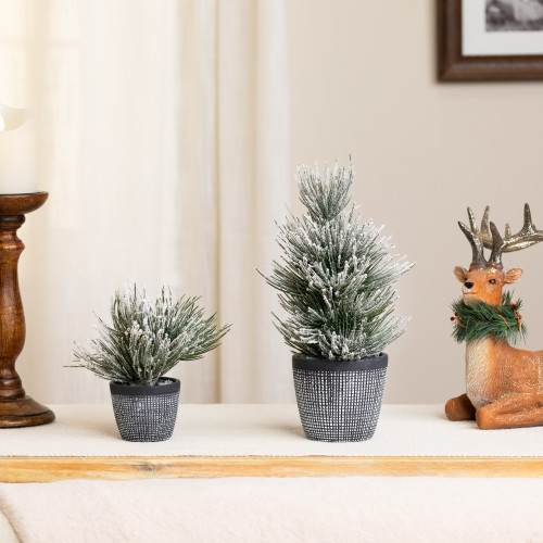 Flocked Mini Pine Artificial Christmas Trees in Gingham Pots - 11" - Set of 2