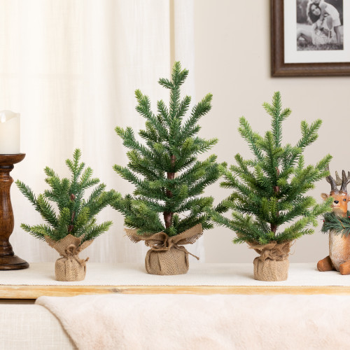Mini Artificial Pine Christmas Trees with Burlap Base - 18" - Set of 3