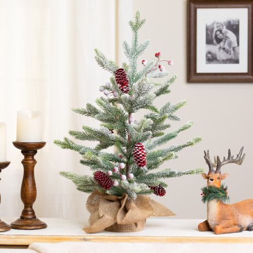 Flocked Artificial Mini Christmas Pine Tree with Glittered Pine Cones - 25" - Unlit