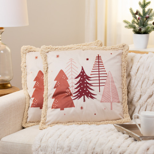 Christmas Tree Square Throw Pillows - 18" x 18"- Beige and Red - Set of 2