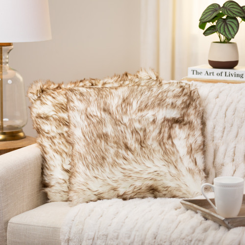 Ombre Faux Fur Throw Pillows with Suede Back - 18" x 18" - Cream and Brown - Set of 2