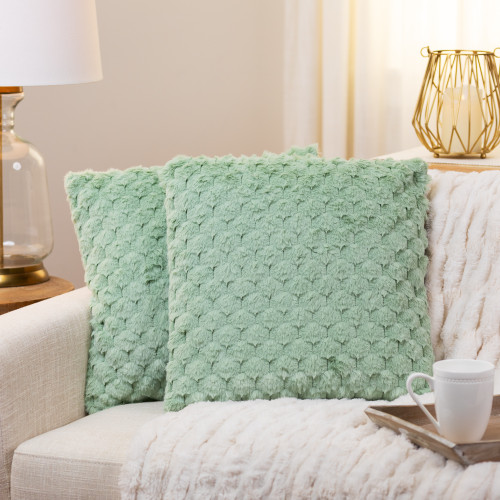 Square Faux Fur Cotton Throw Pillows - 18" x 18" - Green - Set of 2