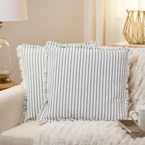 Square Patterned Cotton Fringed Throw Pillows - 18" x 18" - Grey and White - Set of 2
