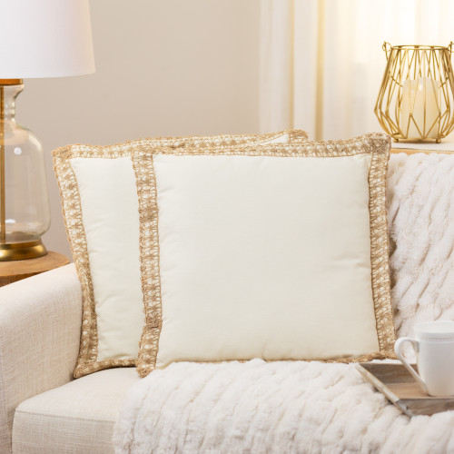 Cotton Square Throw Pillows with Jute Trim - 18" x 18" - Cream and Beige - Set of 2