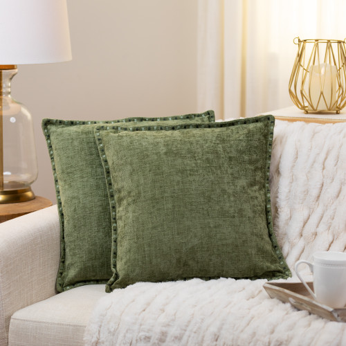 Chenille Throw Pillows with Short Satin Hem Stitching - 18" x 18" - Green - Set of 2