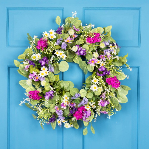 Daisies and Lavender Artificial Spring Wreath - 24" - Purple and Fuchsia