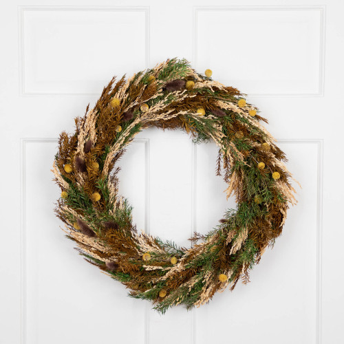 Wheat Stalks and Pampas Grass Artificial Fall Harvest Wreath - 17" - Beige and Brown