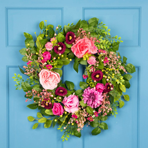 Rose, Mum, Peony and Mixed Foliage Artificial Spring Wreath - 26"