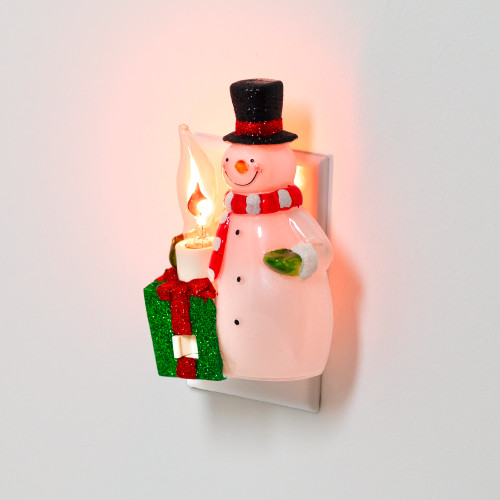 Glittered Snowman with Present Flickering Christmas Night Light - 5"