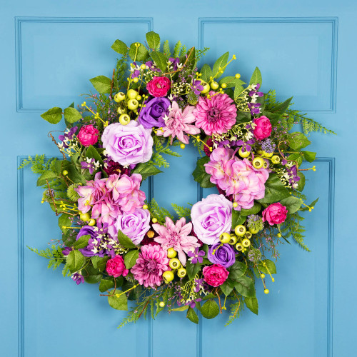 Dahlias, Roses and Chrysanthemum Artificial Floral Spring Wreath - 24"