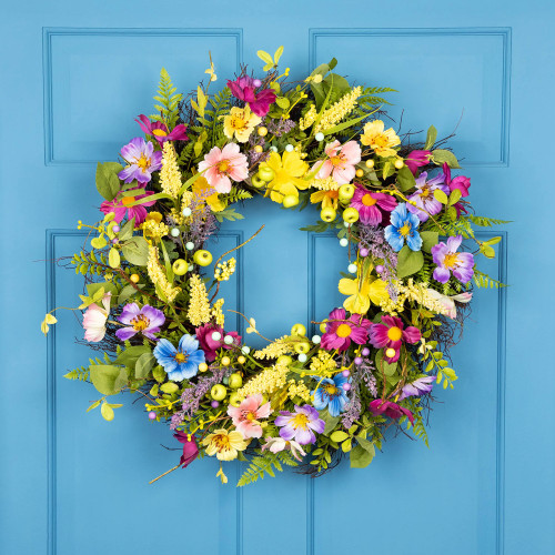 Ferns, Pip Berries and Mini Apples Artificial Floral Spring Twig Wreath - 24"