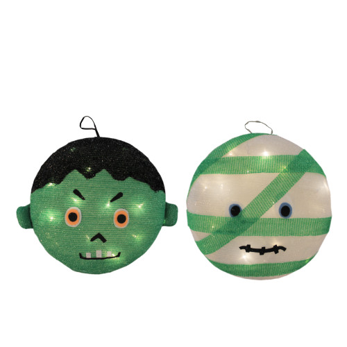 Set of 2 Green Battery Operated LED Lighted Mummy and Frankenstein Outdoor Halloween Decors 14"