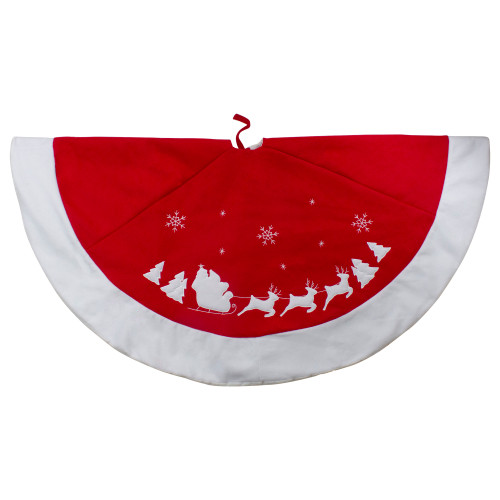 48" Red Sleigh and Reindeer Embroidered Christmas Tree Skirt - White Trim