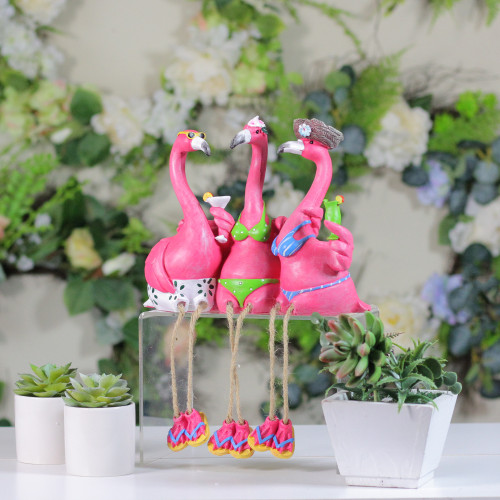 Three Amigos Beach Flamingos Statue - 9"
