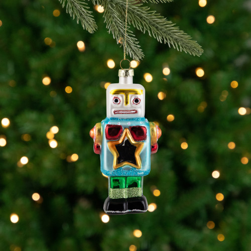 Glittered Robot Glass Christmas Ornament - 4.75" - Multi-Colored