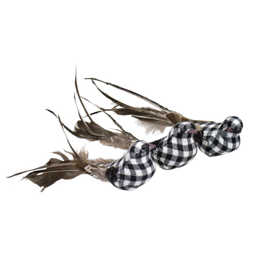 Plaid Clip-On Canary Bird Christmas Ornaments - 9.75" - Black and White - Set of 3