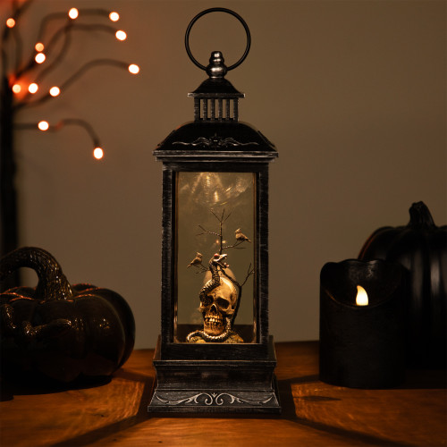 LED Lighted Skull Head, Snake and Crows Halloween Lantern - 11" - Warm White Lights