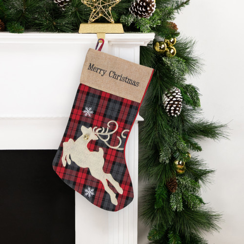 Plaid Merry Christmas Reindeer Stocking - 19" - Red and Green